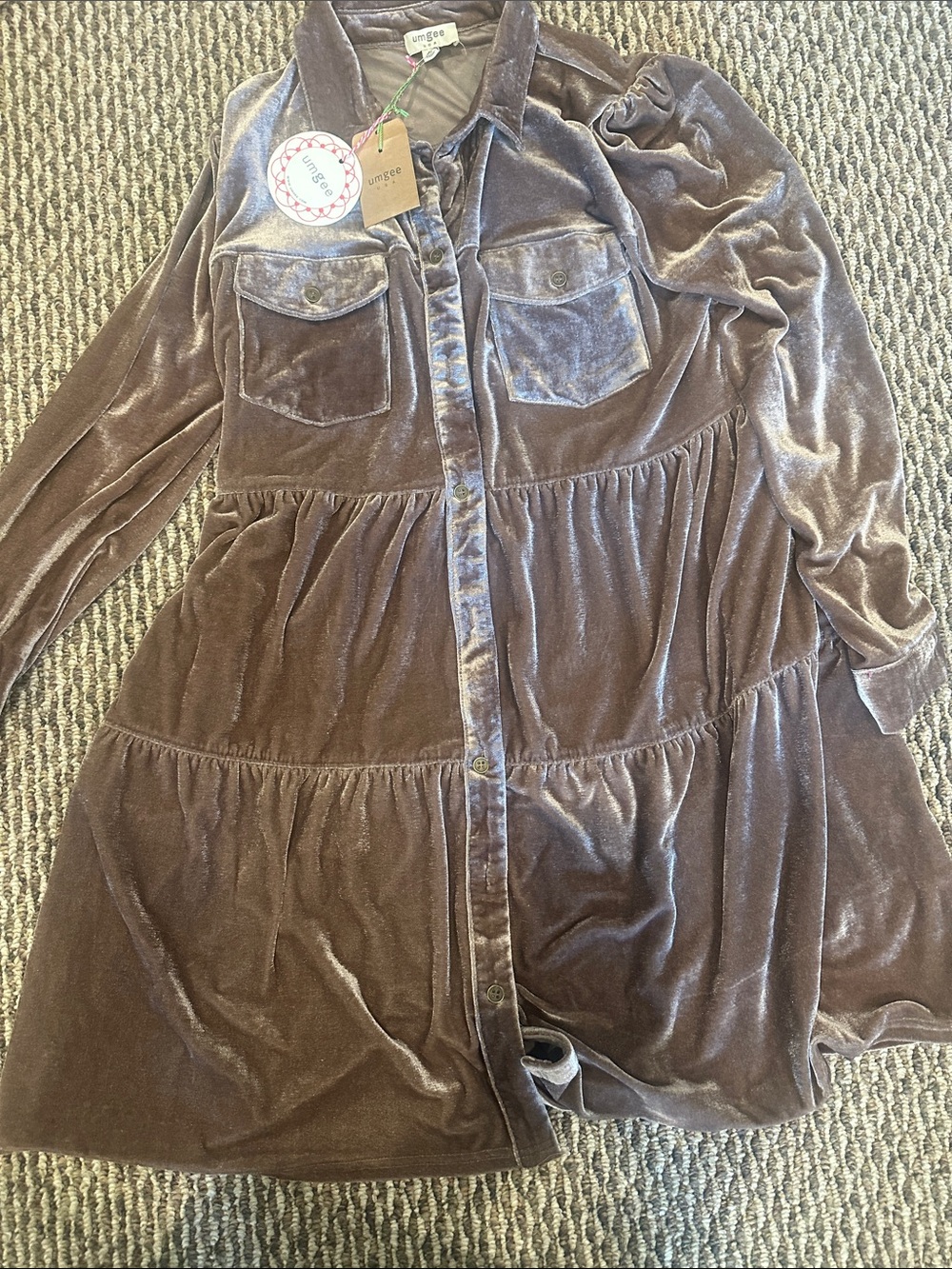 Umgee Velvet Tiered Button-Front Shirt Jacket in Taupe